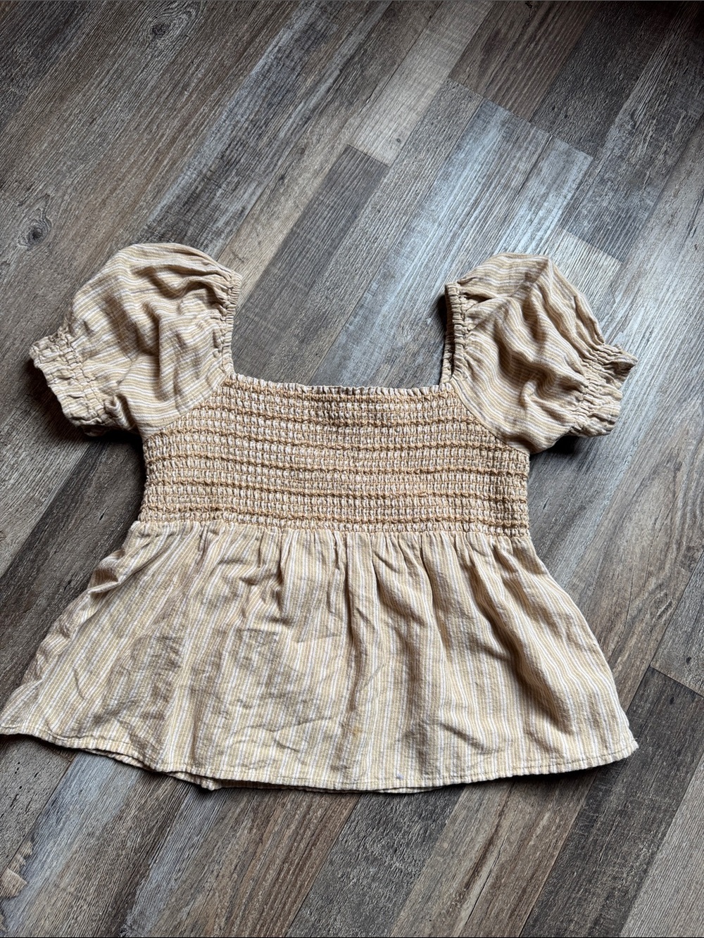 American Eagle Outfitters Beige Stripe Smocked Puff-Sleeve Top